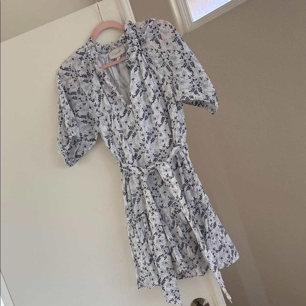 Cleobella White and Navy Floral Belted  Mini Dress